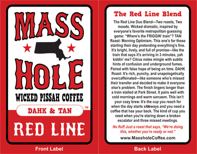 Mass Hole Coffee label with red and black text on a red background