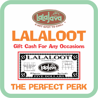 Lalaloot gift certificate design with Lalajava logo, a stylized $5 voucher image labeled ‘Lalaloot’, and tagline ‘Gift Cash For Any Occasions – The Perfect Perk.